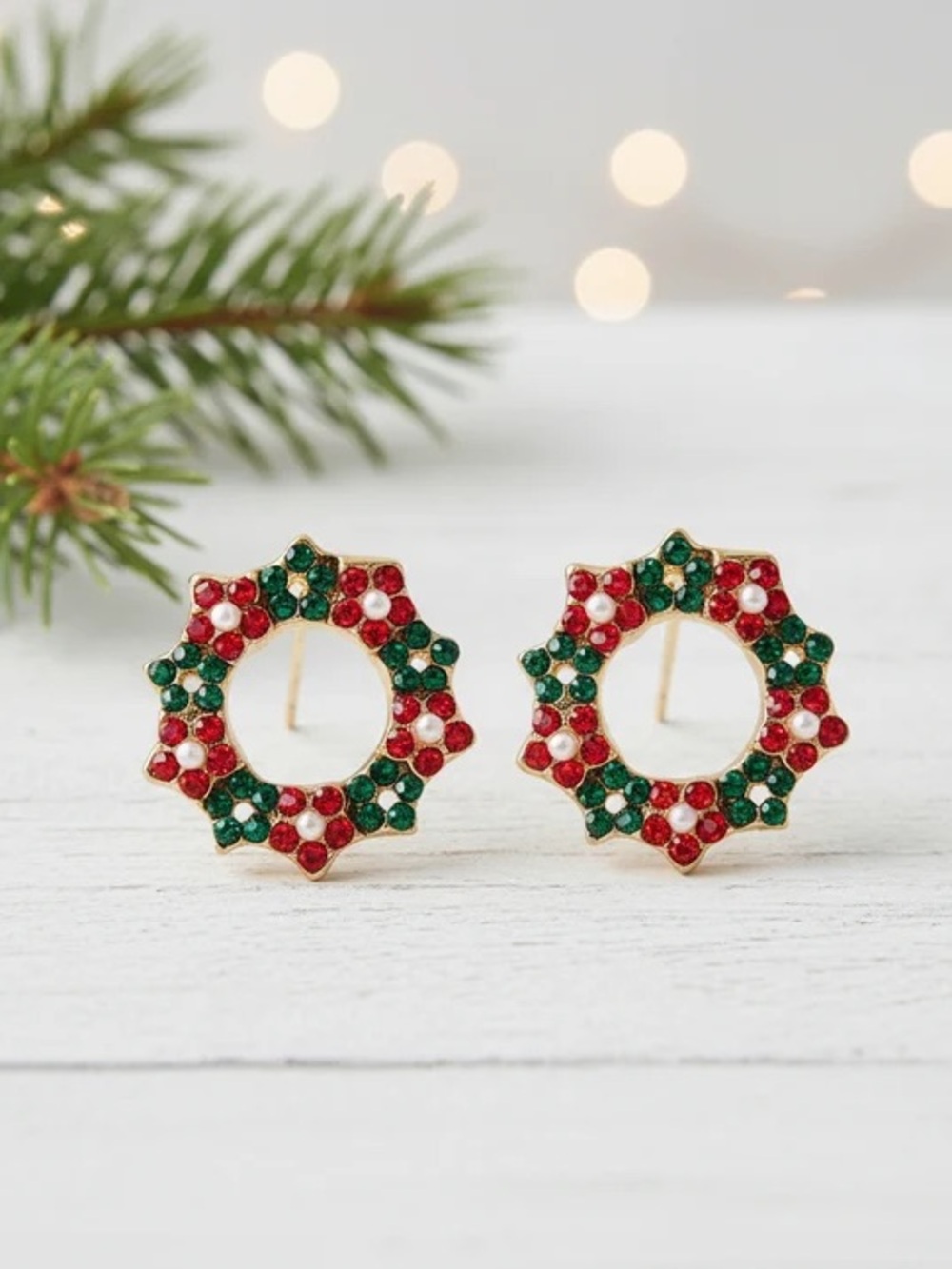 Holiday Wreath Crystal Stud Earrings - Red & Green